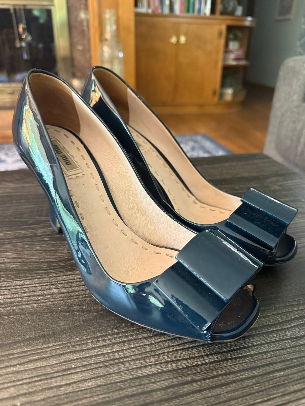 Miu Miu Navy Blue Patent Leather Bow Peep-Toe Pumps Sz. 40